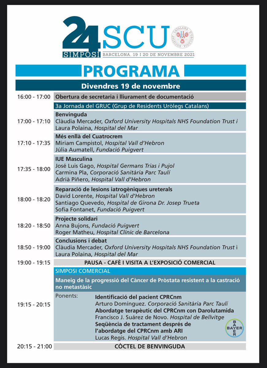 ADominguez_Uro's tweet photo. Demà, 19 de novembre a les 19.15h #Bayer organitza el simposi comercial del congrés de la @scurologia.
Conjuntament amb @Dr_LRegis i el Dr Suárez Novo parlarem de la identificació del pacient #CPRCnm, del seu abordatge terapèutic i de la seqüenciació de tractament posterior. https://t.co/55pniHi6oe