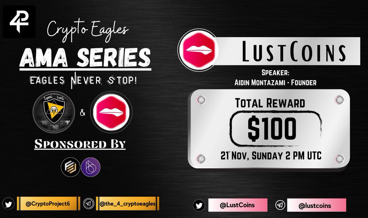 CryptoProject6's tweet photo. We are pleased to announce our next AMA on November 21th, 2021 at 2:00 PM UTC.

@CryptoProject6

 x 
@LustCoins

Reward : 100$ 
Requirements:
Follow :-
@LustCoins
 &amp; 
@CryptoProject6

Like, RT, Tag your 3 Friends. https://t.co/Iz0RH38oEU