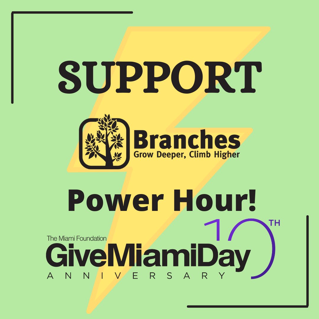 BranchesFL's tweet photo. ⚡️Power Hour⚡️
Support Branches during this special hour of giving and donate to #GiveMiamiDay during the "Education &amp; Youth" #PowerHour. Donate today anytime between 11am and 12pm, and Branches will qualify for an additional #bonus! 
@MiamiFoundation https://t.co/ofCiZO0iSr