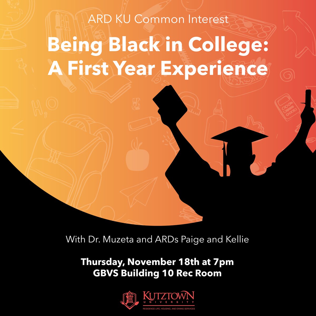 Tonight at 7pm in the GBVS Building 10 Rec Room, join ARD'S Paige and Kellie with special guest, secondary education professor Dr. Muzeta, as she shares tips and personal experiences of being a black student in college.