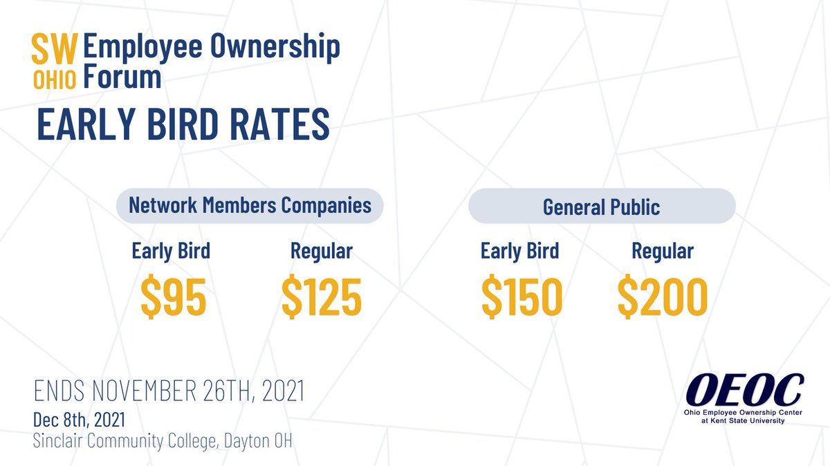 Join your fellow employee-owners and EO experts for Southwest Ohio Employee Ownership Forum. Register now and save 25% on tickets. 
bit.ly/SW_OEOC_Forum