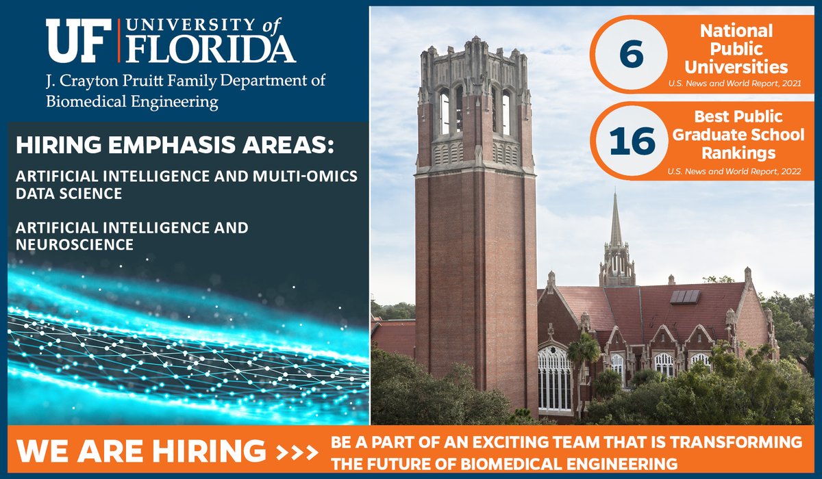 CESchmidt_UF's tweet photo. UF BME is hiring! Come join our awesome team! Recruiting TWO assistant professors in the areas of (1) artificial intelligence &amp; multi-omics data science and (2) artificial intelligence &amp; neuroscience. https://t.co/58cIwodLB3
Questions? Contact: 
@GregHudalla https://t.co/acstDOTEaw