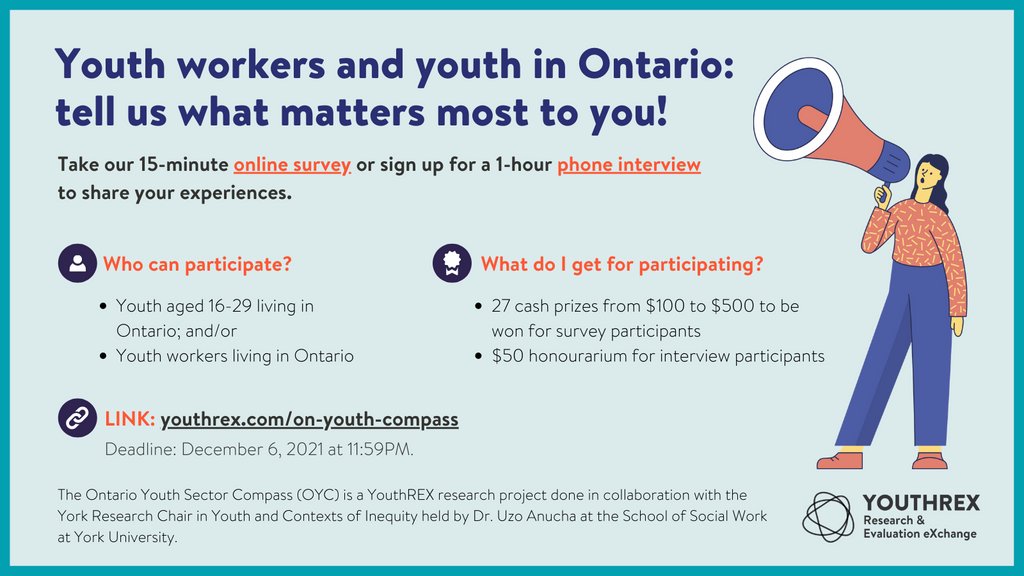 REXforYouth's tweet photo. Check out the #ONYouthCompass, a @REXforyouth research project bringing together the insights of youth (ages 16-29) + youth workers. 

✍Take the online survey for a chance to win prizes up to $500 and/or do a 1-on-1 interview (paid)! Deadline: Dec 6. 

🔗https://t.co/J49O9eUc48 https://t.co/kXs2Wxlnx3