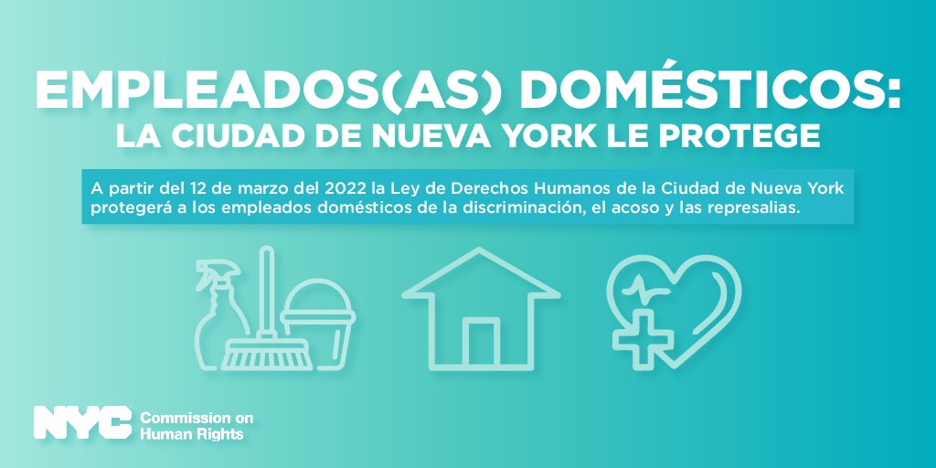 NYCCHR's tweet image. A partir del 2022: las niñeras o niñeros, los asistentes de salud en el hogar y los limpiadores de casas estarán protegidos contra la discriminación y el acoso en el trabajo. Para más información, visite bit.ly/cchr-domestic-…