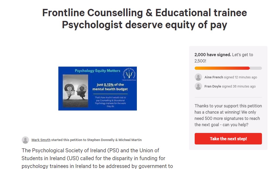 Thank you to each and every one of the 2000 people who have signed the petition calling for equity of pay for Counselling &amp; Educational Psychologists

<a href="/PsychSocIreland/">Psychological Society of Ireland</a> will be bringing this to Government &amp; will keep bringing it until equity is achieved #MyPSI