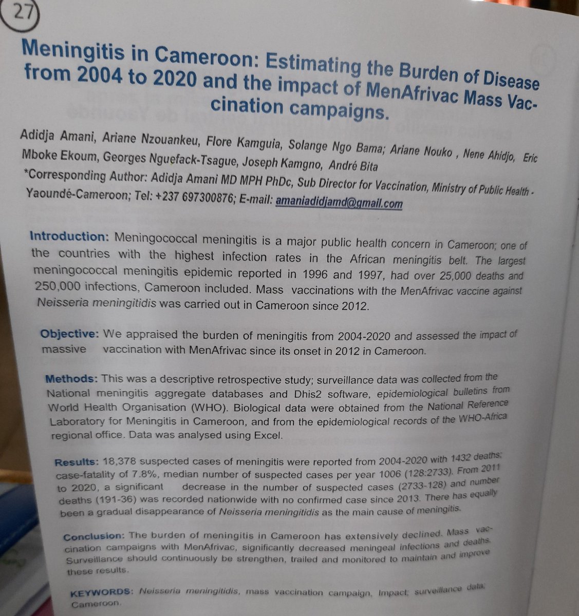 Dr_Adidja_AMANI's tweet photo. Bientôt la phase de communications orales ...
A cet effet, nous présenterons un travail effectué avec le Centre Pasteur du Cameroun et l'OMS sur l'impact des campagnes de #vaccination contre la #méningiteA au #Cameroun de 2004 à 2020
#ACAFEM trentenaire https://t.co/9TufPcdCFc