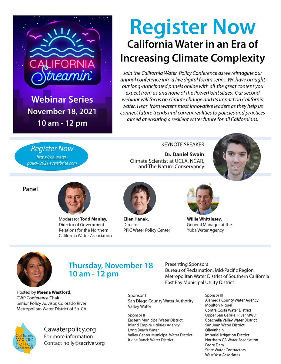 CALWATERPOLICY's tweet photo. We are getting ready to start our second California Streamin' webinar, featuring Climate Scientist, Daniel Swain and a stellar panel of water’s most innovative leaders. You won't want to miss this inspiring conversation about CA water in an era of increasing climate complexity. https://t.co/01aZqNWL0c