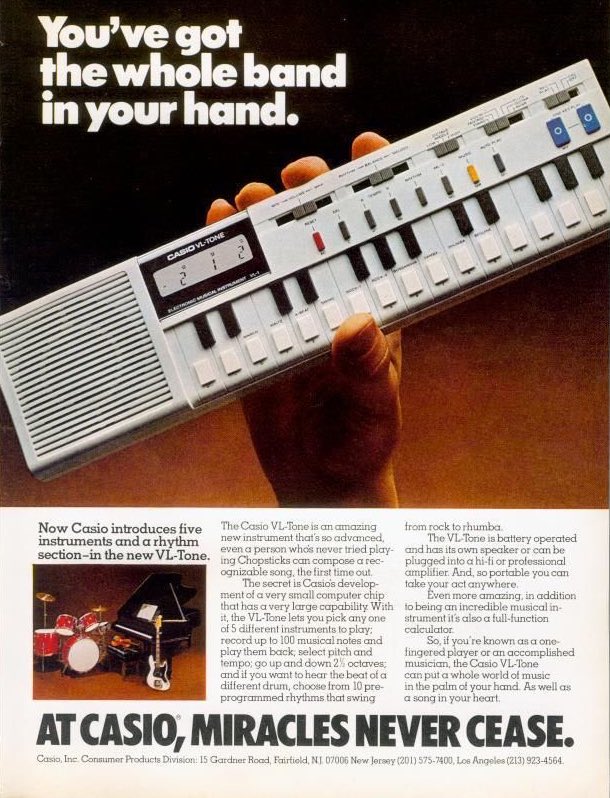 CasioMusicGear's tweet photo. #throwbackthursday 🚀 Let’s travel all the way back to 1979 when Casio released the VL-1, the first of the VL-Tone series and the first commercial digital synthesizer. It combined a monophonic synthesizer, a simple sequencer, and a calculator. 🎹 #tbt #casio #vintage #vltone https://t.co/z4S0EVd0IR
