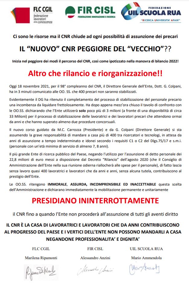 Ci sono le #risorse, ma il #CNR chiude ad ogni possibilità di #assunzione dei #precari. Il Direttore Generale dell'#Ente in 3 minuti ha comunicato alle  organizzazioni sindacali che 400 #lavoratori non saranno stabilizzati. Scelta ASSURDA e INACCETTABILE! #bastaprecariatodistato