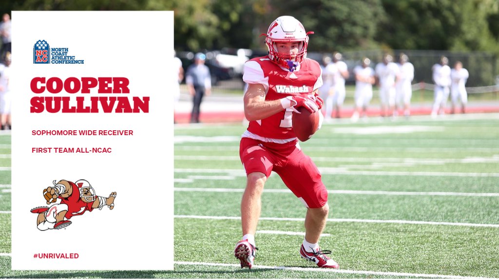 wabashathletics's tweet photo. First Team All-@NCAC honorees Cooper Sullivan (WR), Joe Mullin (C), and Dane Smith (OL).

@WabashFB 

#UNRIVALED https://t.co/5AQ7z8swSy