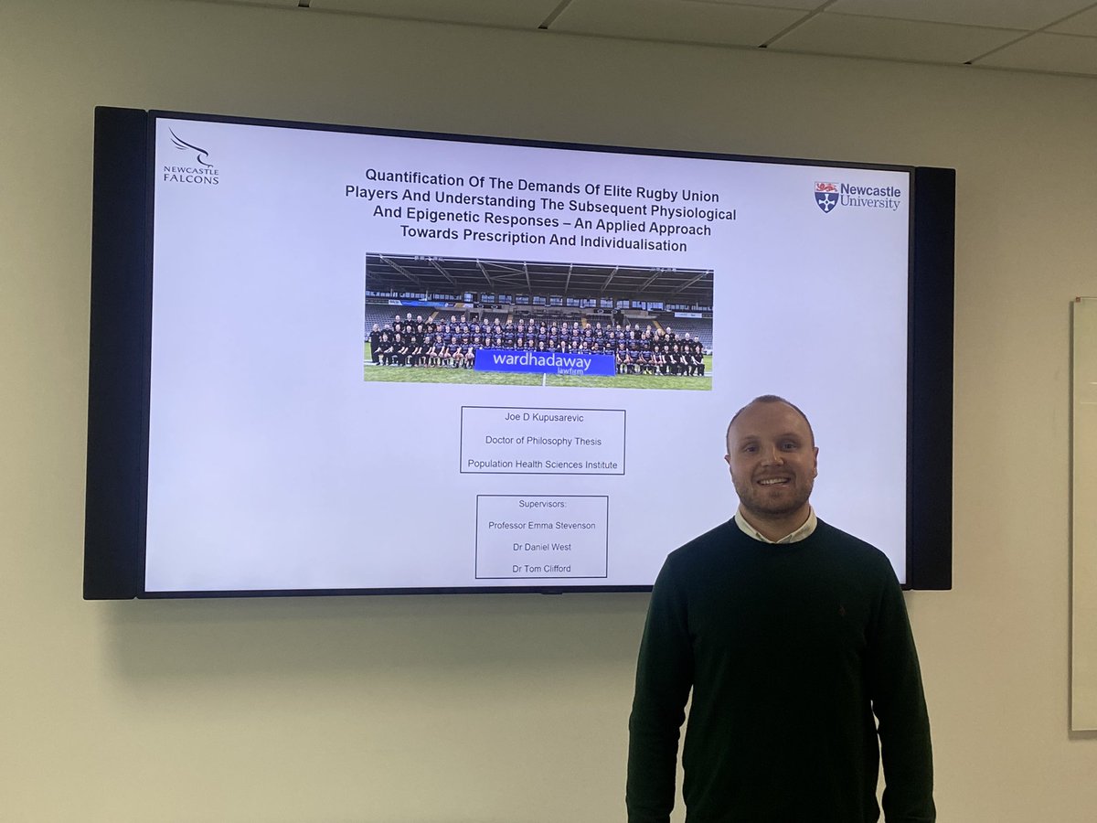 EmmaJStevenson's tweet photo. Congratulations to @jkupusarevic for successfully defending his PhD thesis today. Big thank you to examiners @DebDulson &amp; @MarkWaldron13 and @FalconsRugby for making it all possible #DrKups @NCLUni_SportSci https://t.co/Z041CcFVx4