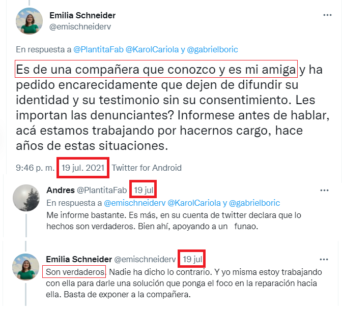Antonia5752's tweet photo. (3) 
Otra incongruencia más: Emilia Schneider, candidata a diputada por AD, en julio de este año, en plena campaña para las primarias de Apruebo Dignidad CONFIRMA los hechos. 

Pero después los borra. 

#BoricAcosador https://t.co/wUTyE4WH1o