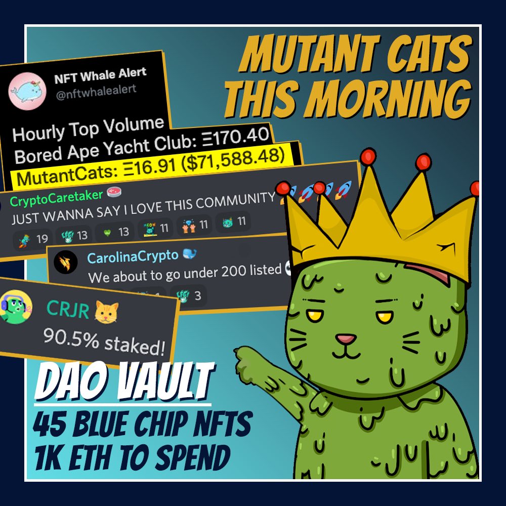 🔥IT IS A GREAT TIME TO BE A MUTANT🔥 

📈SO MANY AMAZING THINGS HAPPENING THIS WEEK📈

-217 listed on OS ship 🌊 
-90.4% staked 🥩 
-45 Community owned Blue Chips 🏆

😎Hop in our discord and come chat with our community! 😎
➡️discord.gg/mutants⬅️
