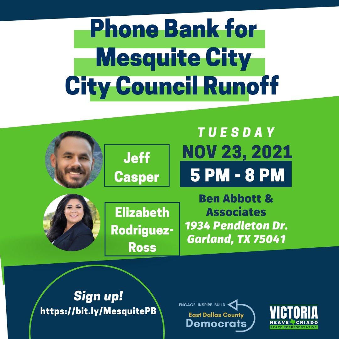 EastDallasDems's tweet photo. ‼️‼️‼️️ It's time to rally for the runoff ‼️‼️‼️️

Join us &amp; State Rep @Victoria4Texas to help get out the vote for Mesquite City Council!

We're getting together on Tues, Nov 23 to make calls to voters to remind them about the runoff!

More info at https://t.co/bjdYaJgY2E https://t.co/cAKm4ypH1M