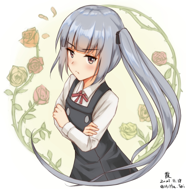 kasumi (kancolle) ,kasumi kai ni (kancolle) 1girl solo long hair grey hair dress side ponytail pinafore dress  illustration images