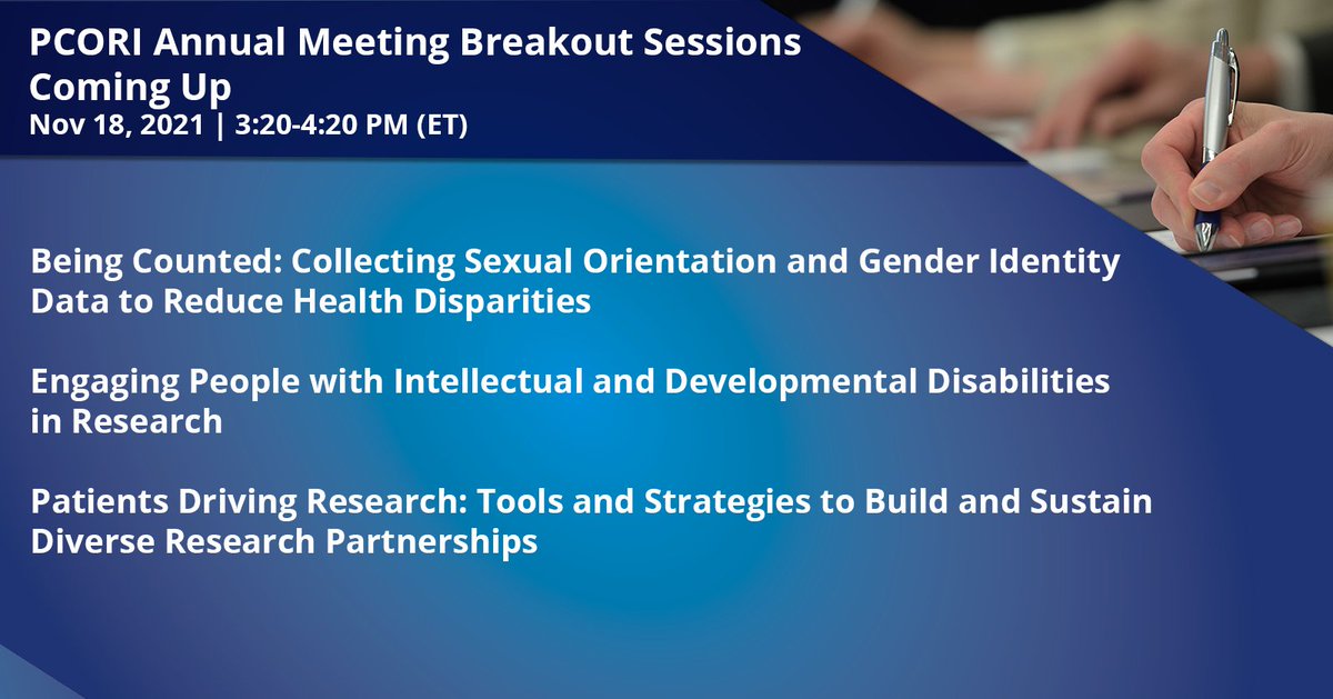PCORI's tweet photo. Check out the upcoming #PCORI2021 breakout sessions featuring discussions on research topics, such as #healthdisparities, #developmentaldisabilites, tools for better #PCOR partnerships, and more.
Log in to join: https://t.co/Nm9WU8Zo86 https://t.co/BWeonbbKeR