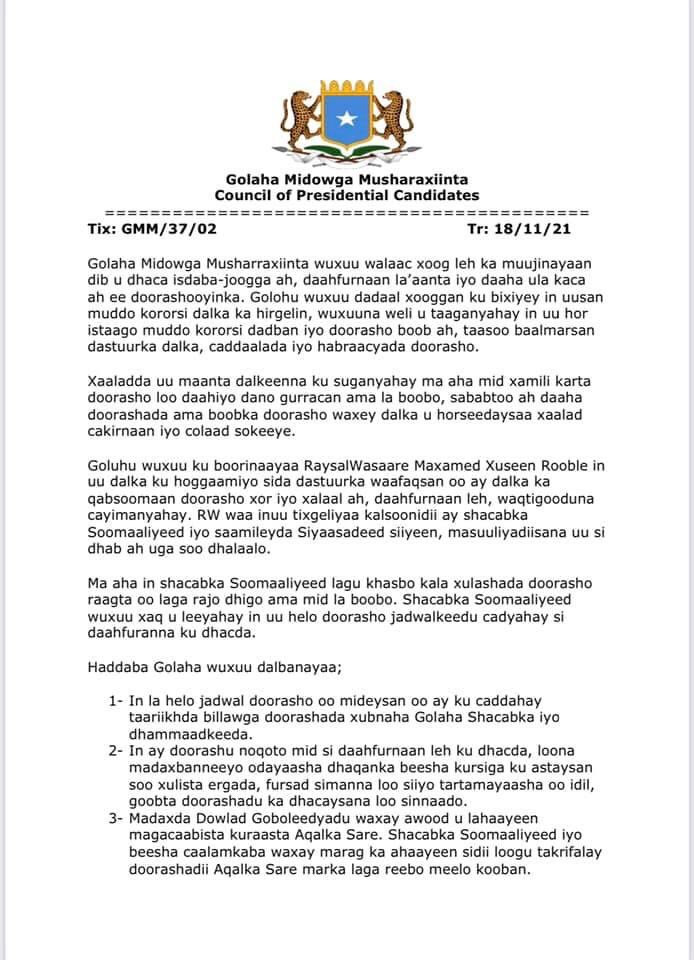 GoobjoogMedia's tweet photo. Midowga musharaxiinta oo ka digay dib u dhaca doorashada, kuna booriyey Rooble inuu kasoo baxo mas’uuliyadda la saaray, waxaa ayna cosadeen korjoogteynta bulshada rayidka iyo beesha caalamka ee doorashada golaha shacabka iyo in laga fogaado boob. https://t.co/CSNzQaJdpI