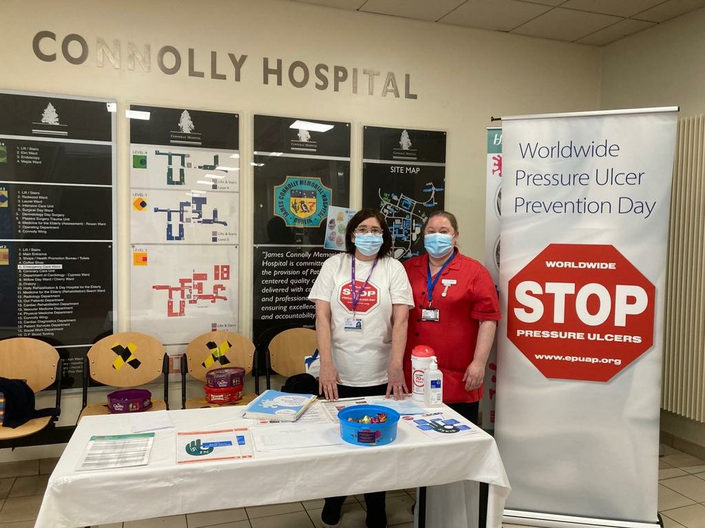 ConnollyNursing's tweet photo. TVN Debbie Deegan & Falls Coordinator Jennifer Nugent leading awareness with the CHB team on World Pressure Ulcer Prevention Day
@EPUAP1 @mrsmariamc
#stopthepressure2021
#SSKIN
S - SKIN
S - SURFACE
K - KEEP MOVING
I - INCONTINENCE
N- NUTRITION & HYDRATION
#Timeispressure https://t.co/hlyEkd6kTN