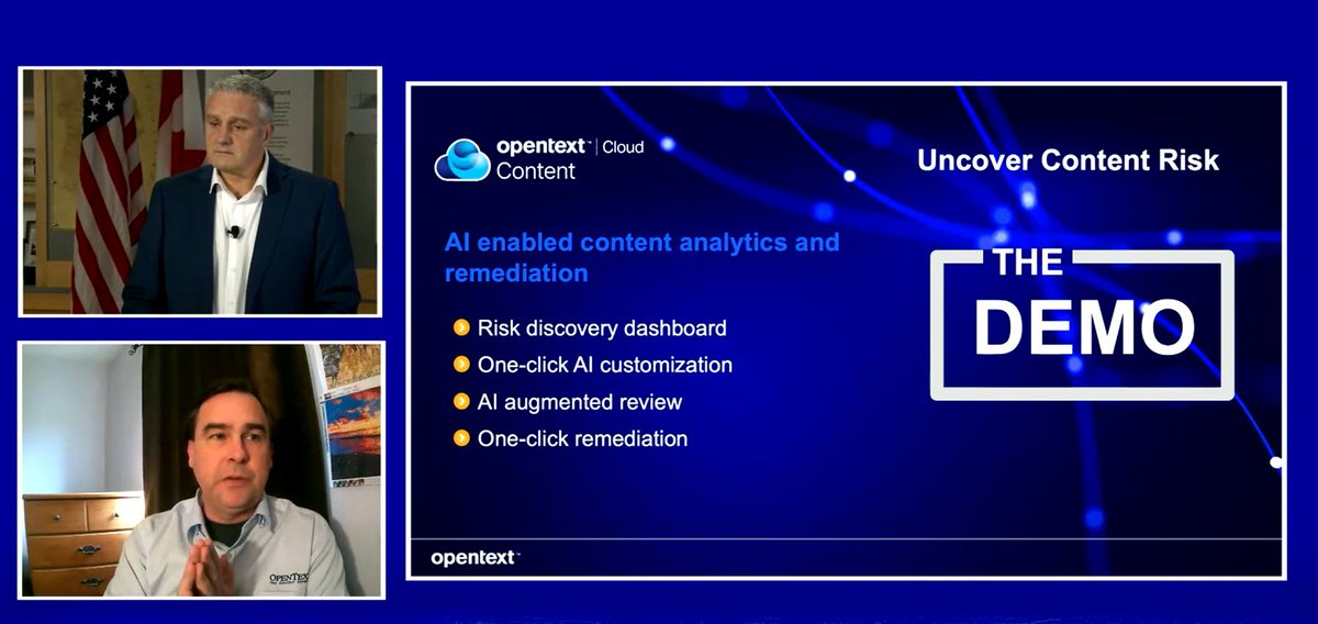 OpenText's tweet photo. At #OpenTextWorld @ludlow_at_work ran his quick-fire demo showcase, here’s the rundown:
How Experience Cloud improves marketing effectiveness throughout the customer journey
How Business Network Cloud delivers self-service b2b integration
How Risk Guard helps uncover content risk https://t.co/xGvIpUXUPc