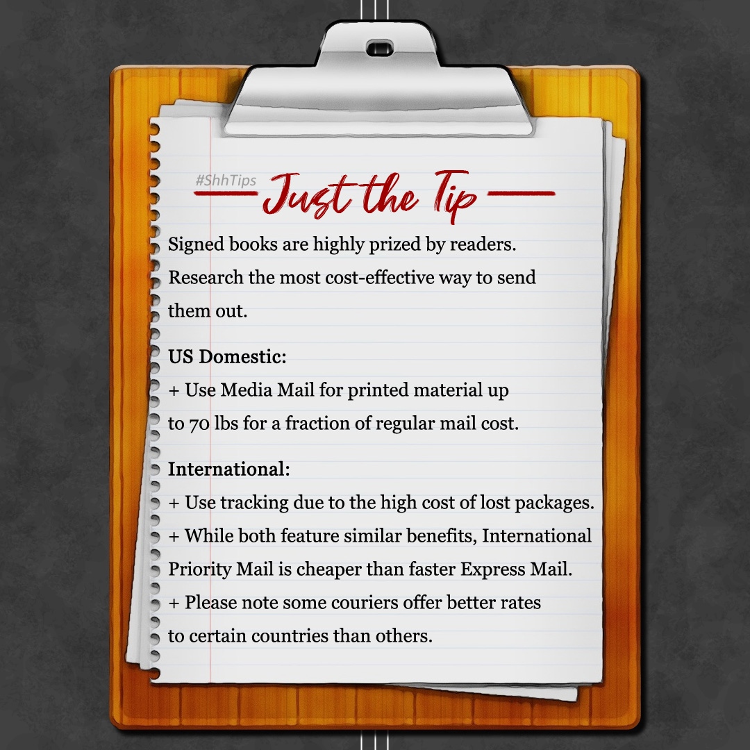 Shh_group's tweet photo. #ShhTips #AuthorTips
Whether it’s for signed book orders or giveaways, planning is key in keeping shipping costs down.
#ShhGroup #TipsTuesday https://t.co/kZntstVN2v