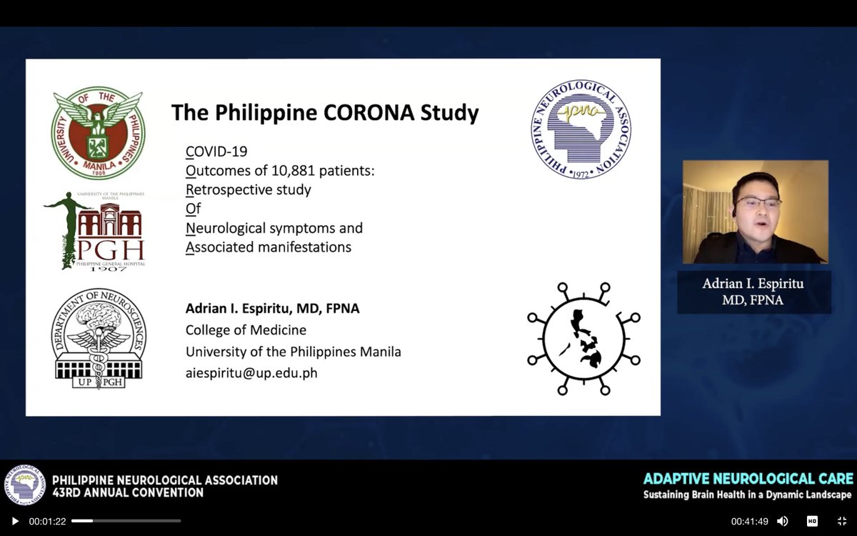neuroaidz's tweet photo. Late post:
I would like to show my gratitude to the Scientific/Organizing Committee of the 43rd Philippine Neurological Association (PNA) Annual Convention for the opportunity last November 13, 2021 to speak about our research.
#PNAAnnualConvention
#CORONAStudy https://t.co/AI3ssa5E1v