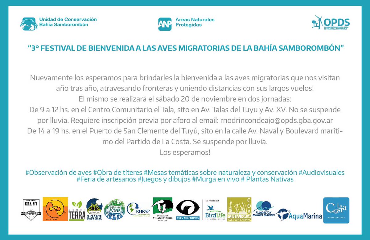 AvesArgentinas's tweet photo. ✔️  El sábado 20 de Noviembre a las 9:00 hs te invitamos al 3° Festival de Bienvenida a las aves migratorias de la Bahía de samborombón 🦅  ¡Nos vemos en el Puerto San Clemente del Tuyú! https://t.co/De3Enkfex4