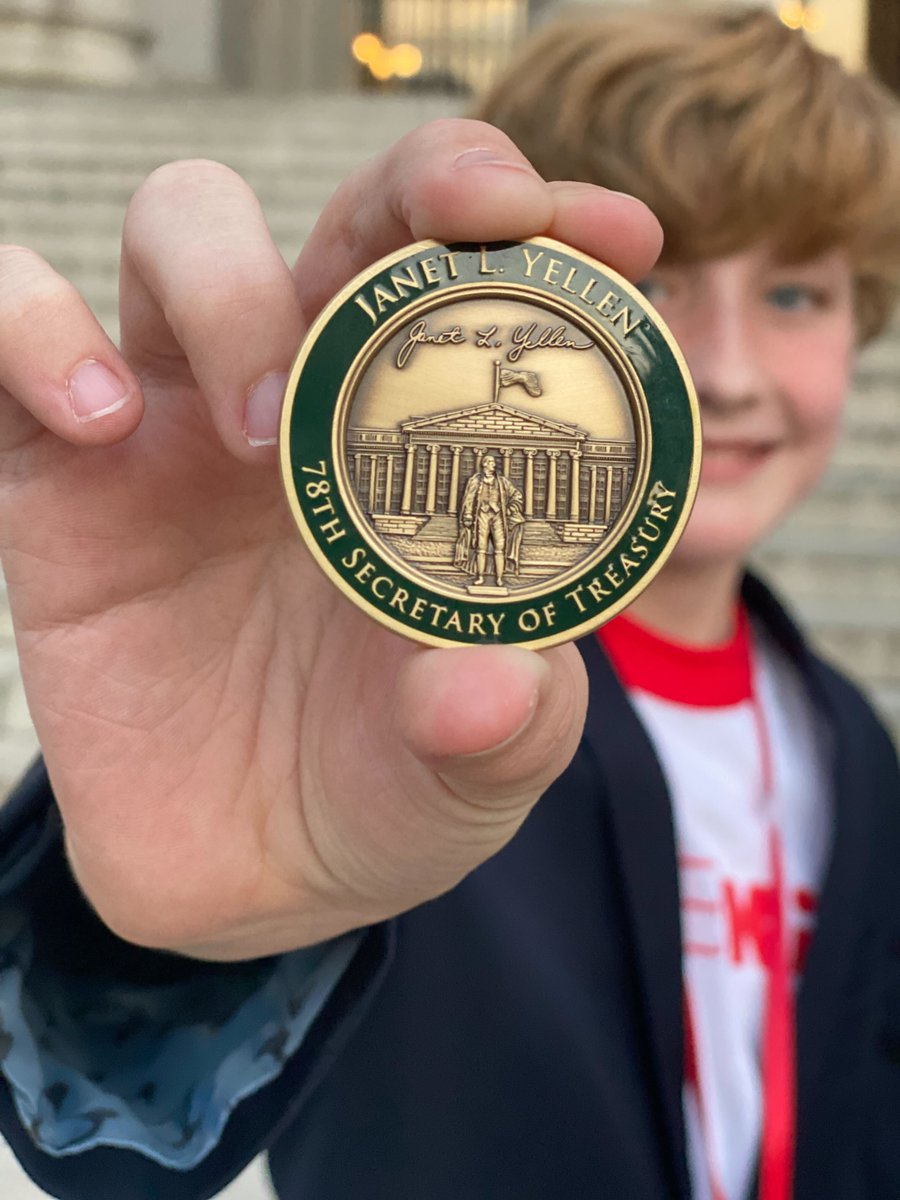 timeforkids's tweet photo. TFK Kid Reporter David interviewed Secretary of the @USTreasury Janet Yellen in Washington, D.C. yesterday! They talked about infrastructure, inflation, cryptocurrency, and more. And @SecYellen gave David a coin! Stay tuned for more coverage from TFK. https://t.co/5lVChNKjGK