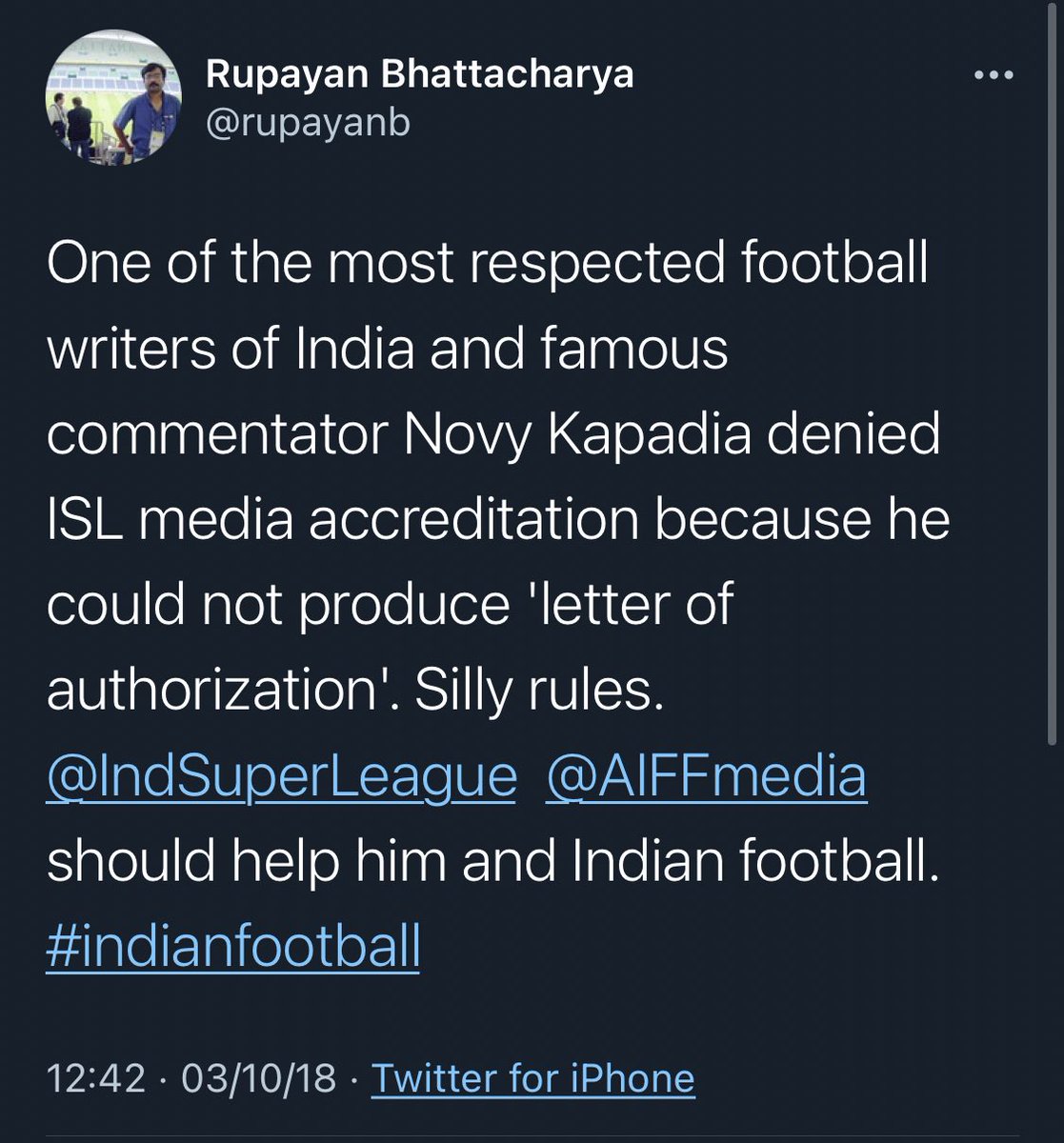 Akarsh_Official's tweet photo. He ripped into ISL whenever he got the chance because he was a man of Indian football. Not a man of Reliance. He saw clubs killed, livelihoods end &amp; Indians treated like 2nd-class citizens in their own league.

Got the ISL treatment for honesty, &amp; now a soulless condolence tweet. https://t.co/tJ74IIlRfG
