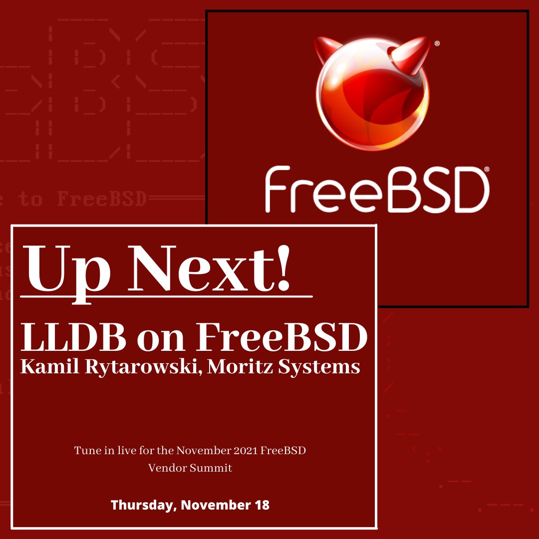freebsdfndation's tweet image. Coming up in 10 minutes! Join us for a session about &quot;LLDB on FreeBSD&quot; with  Kamil Rytarowski and @MoritzSystems Watch live here! youtube.com/watch?v=um6qUY…
