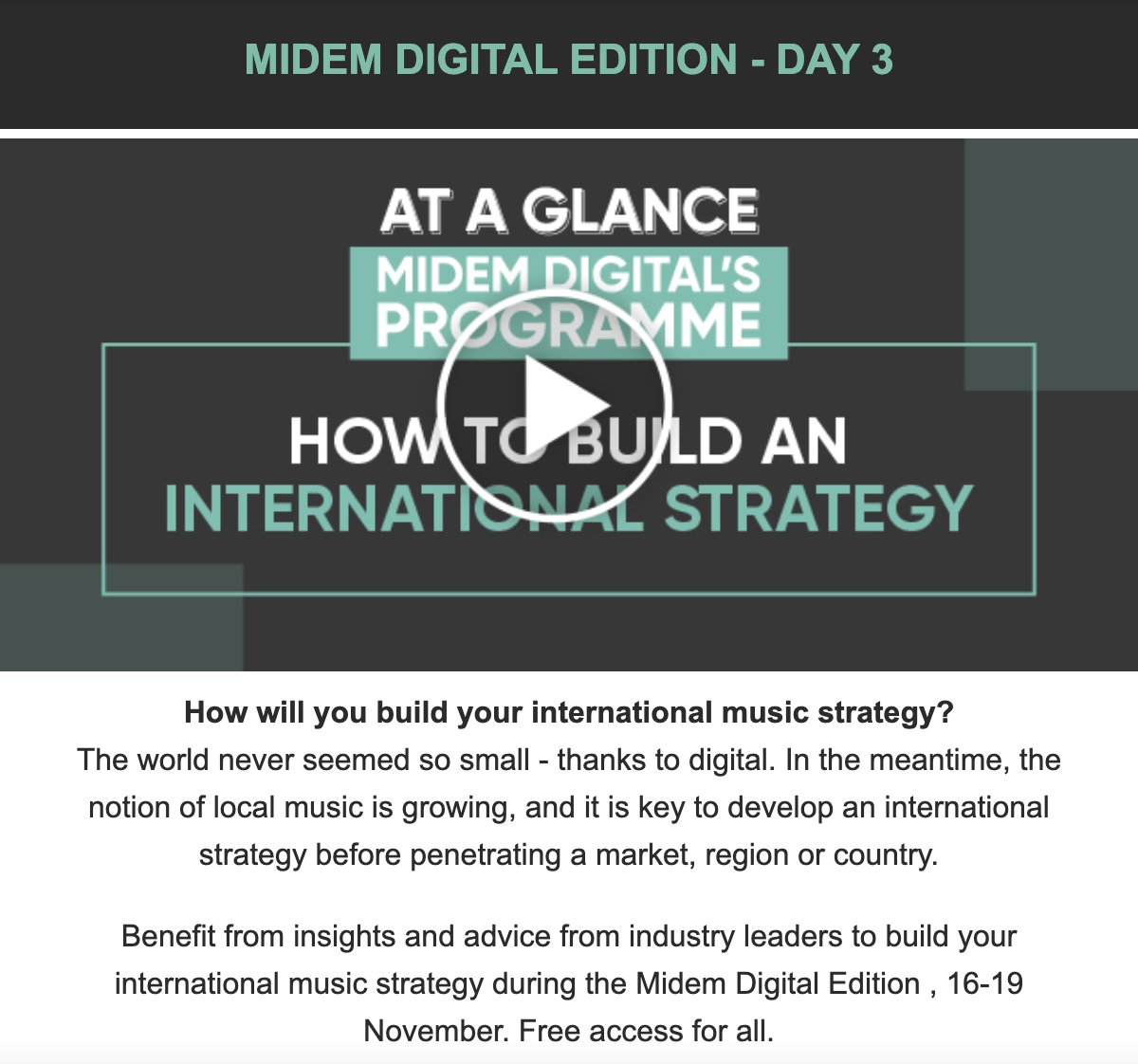 Troisième et avant dernier jour de conférences du <a href="/midem/">MIDEM</a> sur les stratégies internationales dans l'industrie musicale.
Des artistes, des entreprises, et différents acteurs pour discuter des problématiques actuelles dans le monde de la musique 🎶
#DigitalMarketing #Music #Musique