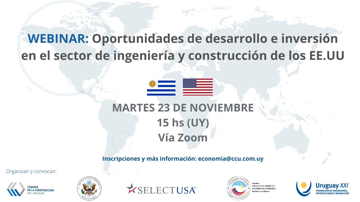 CCU_Oficial's tweet photo. Los invitamos a participar del Webinar: Oportunidades de desarrollo e inversión en el sector de ingeniería y construcción de los EE.UU organizado por 
@usembassyMVD,@UruguayXXI y @CCU_Oficial.

📆23/11
⏰15 hs (UY)
🔗Inscripción: economia@ccu.com.uy https://t.co/rQDC50Ssye