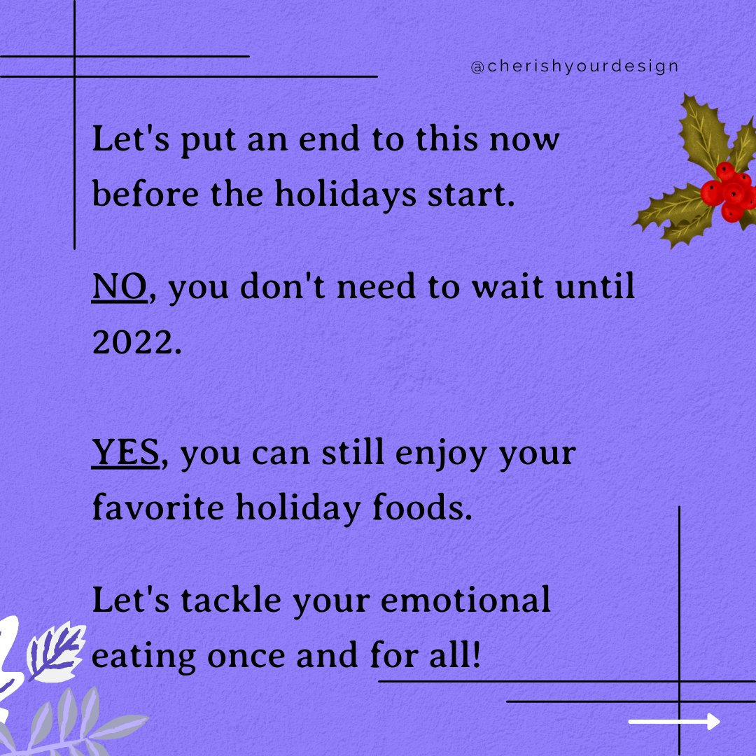 cydesign_llc's tweet photo. Excitement and stress of the holidays + easy access to indulgent foods = the perfect storm for emotional eating. How do you know if you eat in response to your emotions? Join me on IG LIVE today at 7 PM EST for other signs of emotional eating. 
IG: @cherishyourdesign https://t.co/7vfqrO766R