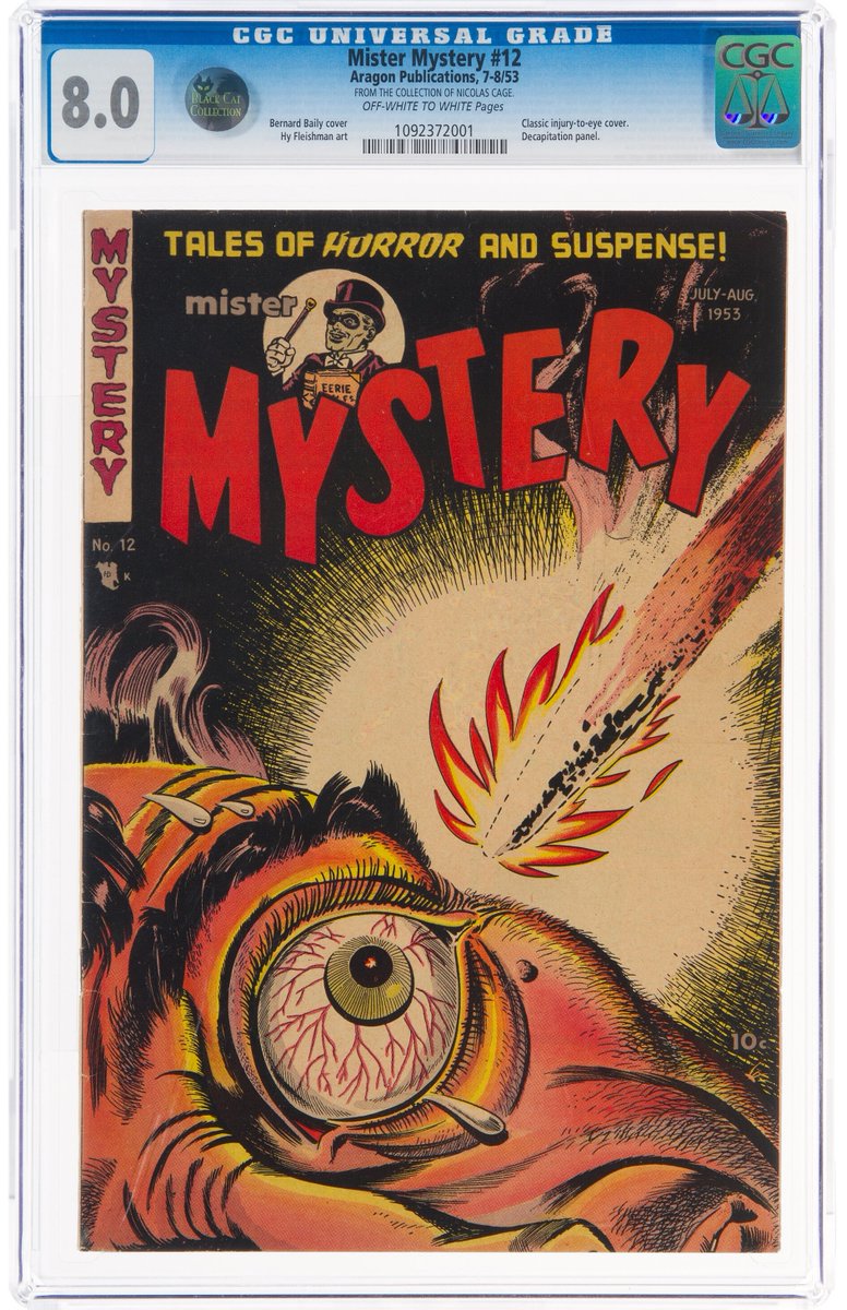 HeritageAuction's tweet photo. #HERITAGELIVE: The eye has it!

#BernardBaily’s cover to “Mister Mystery” No. 12 is one of the most iconic images among the pre-Code horror titles in the #BlackCatCollection. Bidding on this highest-graded copy opened at $16,000; it just sold for $36,000.
https://t.co/CRQL4uhRiG https://t.co/A9x1MRIYqV