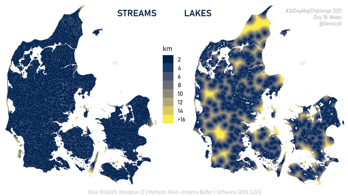 #30DayMapChallenge Day 18: Water
Distance from streams and lakes in DK. I tried a new QGIS plug-in (multi-distance buffer) &amp; the cividis color palette. Almost everywhere there is a stream less than 2km away, lakes - not so many/often.