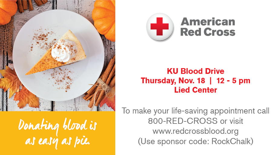 Calling all Jayhawks! Grab a friend & donate blood today, Nov. 18, from 12 – 5 pm at the Lied Center Pavilion. All donors receive a $10 Amazon eGift Card & FREE Hot Box Cookie coupon!
