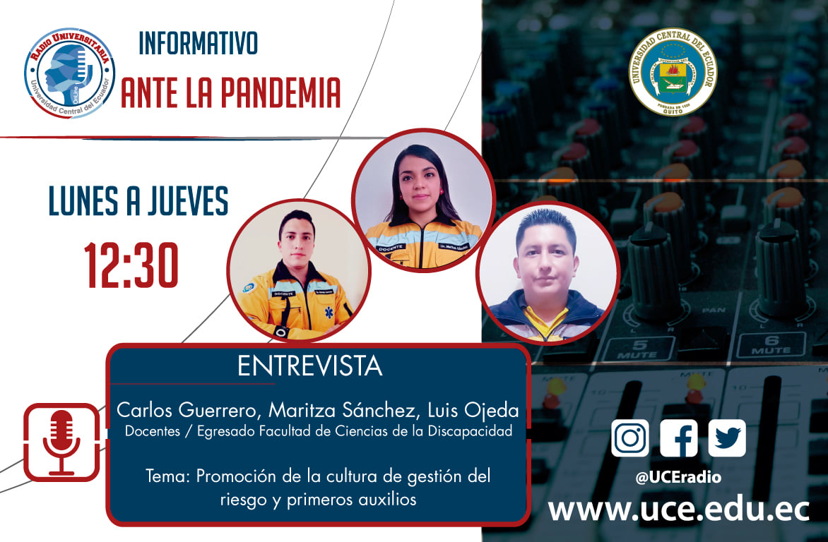 UCEradio's tweet photo. 📌 E N T R E V I S T A #Reprisse
HOY / En tu segmento #AnteLaPandemia conocemos sobre el #Artículo Promoción de la cultura de gestión del riesgo y primeros auxilios
Escúchanos por 👉 https://t.co/afMec1yLcW
#LaVozdelaCENTRAL https://t.co/6xY91CyEva