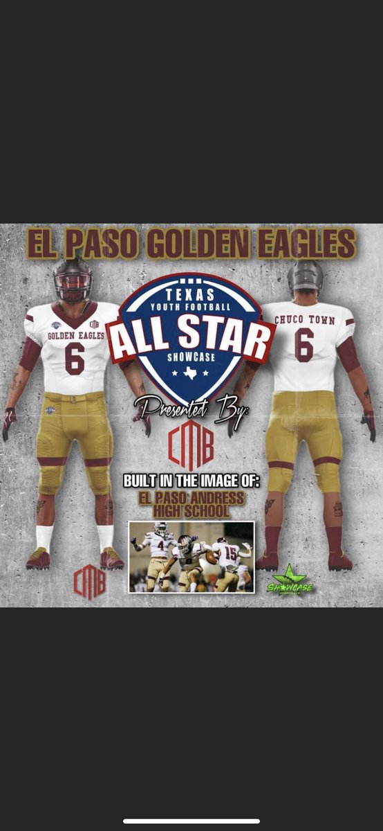 AndressFootball's tweet photo. The Year of the Golden Eagles!
The Texas Youth Allstar Showcase this year will be wearing jerseys in the image of your Andress Eagles! Good luck representing El Paso!
#ComeFlyWithTheEagles
#WeAreAndressπ¦
@CoachTaylor_CT @EagleAndress @ELPASO_ISD https://t.co/GMhCTfQjcj