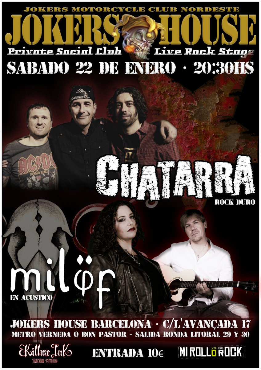 ¡¡¡Buenas tardes Milöfers!!! 
Nos complace anunciaros que el próximo sábado 22 de Enero de 2022 <a href="/milofmusic/">MILÖF</a> estaremos en CONCIERTO con el buen Rock Duro de nuestros amigos <a href="/ChatarraRock/">Chatarra Rock</a> en la sala Jokers mc Barcelona 
¡¡¡Os esperamos!!! 👩‍❤️‍👨 🖤💜💙