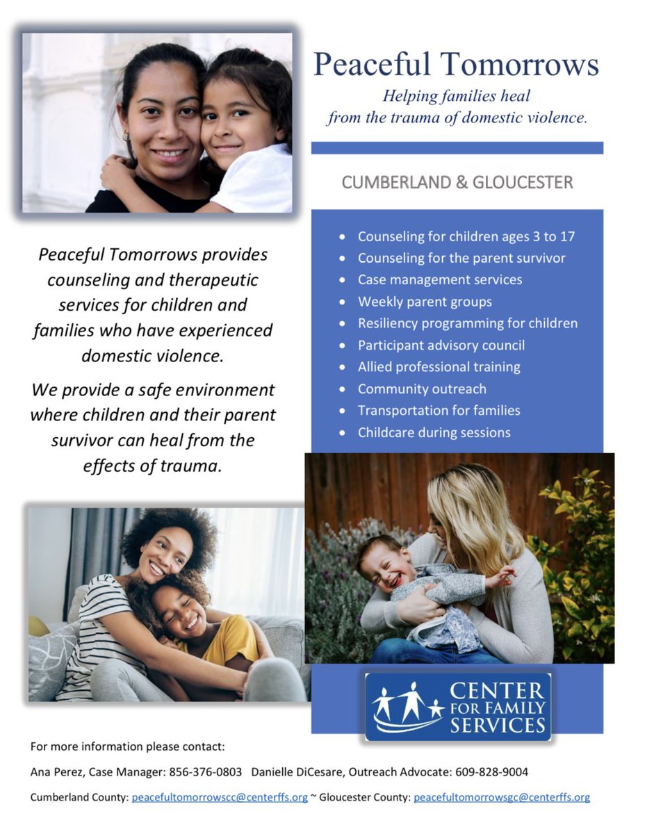 cfsSERV's tweet photo. If you know of a child that has been exposed to domestic violence there are resources available! Peaceful Tomorrows provides a variety of services for young people and their non-offending guardian. For more information contact Danielle DiCesare at 609 828 9004. https://t.co/OUFcKwSsg1