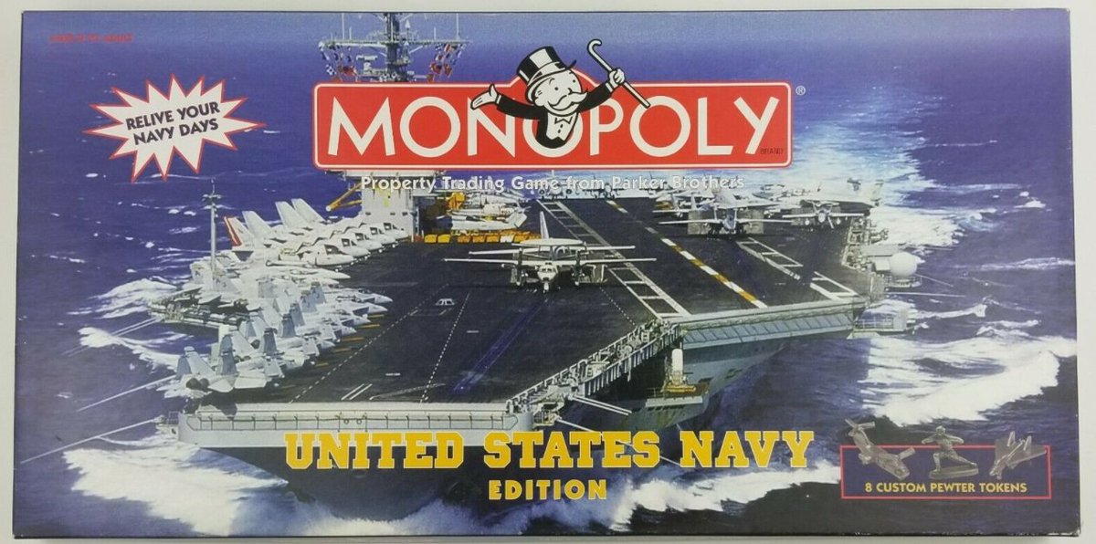USFleetForces's tweet image. "Do not pass Go"
 National Play Monopoly Day recognizes one of the most popular board games in the world! In 1998, a limited "Navy" edition with tokens: submarine, aircraft carrier, F/A-18, destroyer, H-60 helicopter and 2nd Class diver pin.  #USNavy #MonopolyDay #NavyHistory