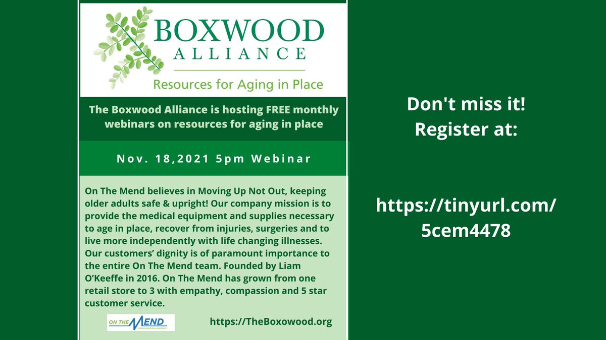 BoxwoodAlliance's tweet photo. TODAY! The Boxwood Alliance free November webinar – On the Mend Register at https://t.co/uLrFTNfXFQ
#TheBoxwoodAlliance #AgingInPlace#Westchester #Putnam https://t.co/TgeznEDf0o