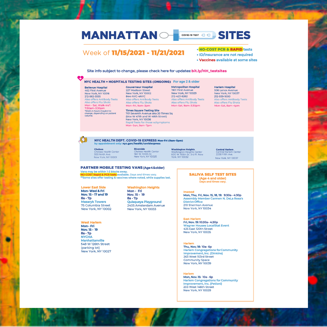 HealthPeopleOrg's tweet photo. Good AFTERNOON!!🌞 

Check out these testing sites for the week in #Manhattan💉

Click the link in our bio for  information on resources, events and more. 🔗 #TestingSites #NewYorkWellness #NYStrong ✊🏽 https://t.co/ltt2uLsFJd