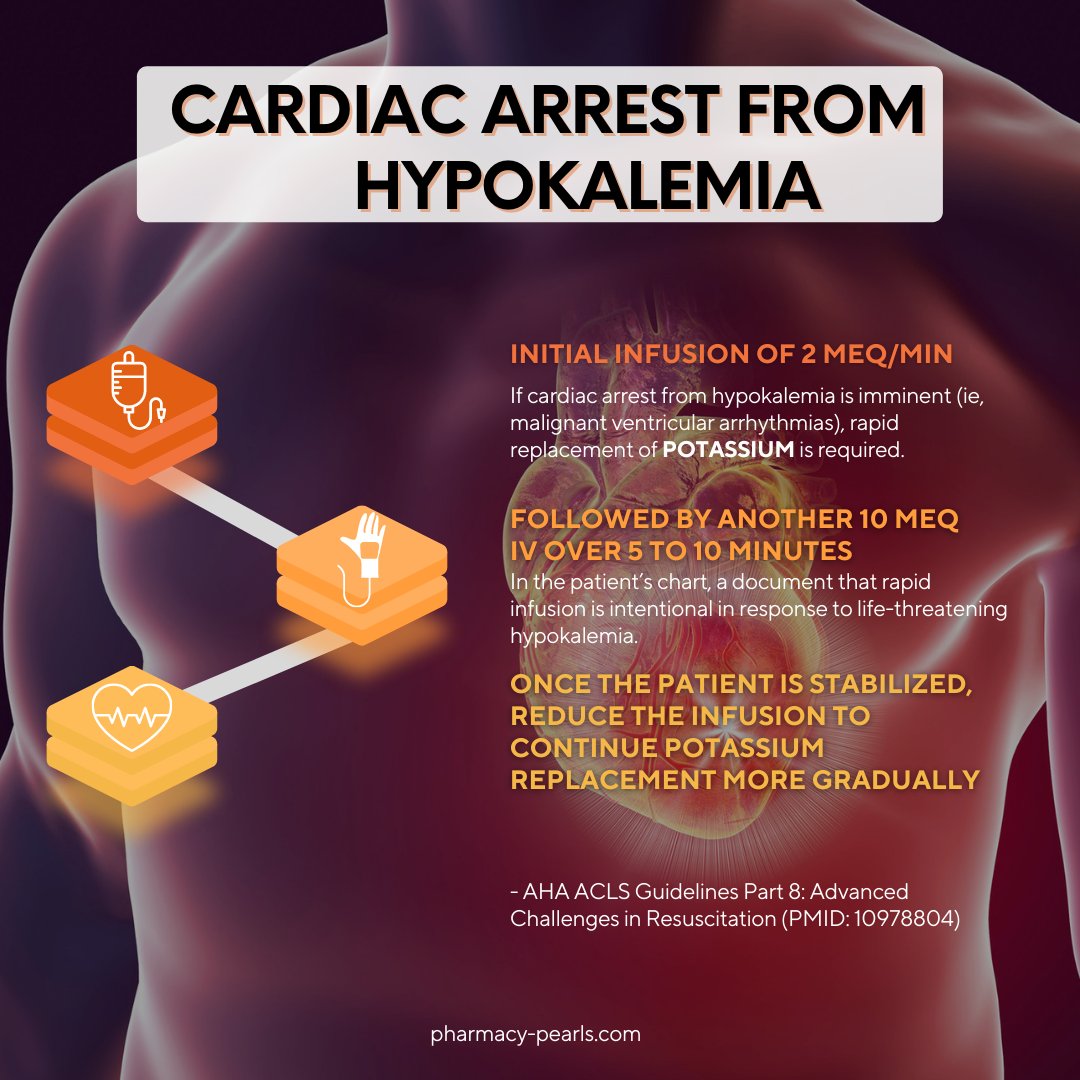 pharmacypearls_'s tweet photo. Happy Thursday!
What do you do when there’s an imminent cardiac arrest from hypokalemia?
Here’s an answer from the AHA ACLS Guidelines.
#pharmacy #pharmacist #emergencymedicine #pharmacyfridaypearls #medicine #cardiacarrest #hypokalemia https://t.co/doZKNfNDIU