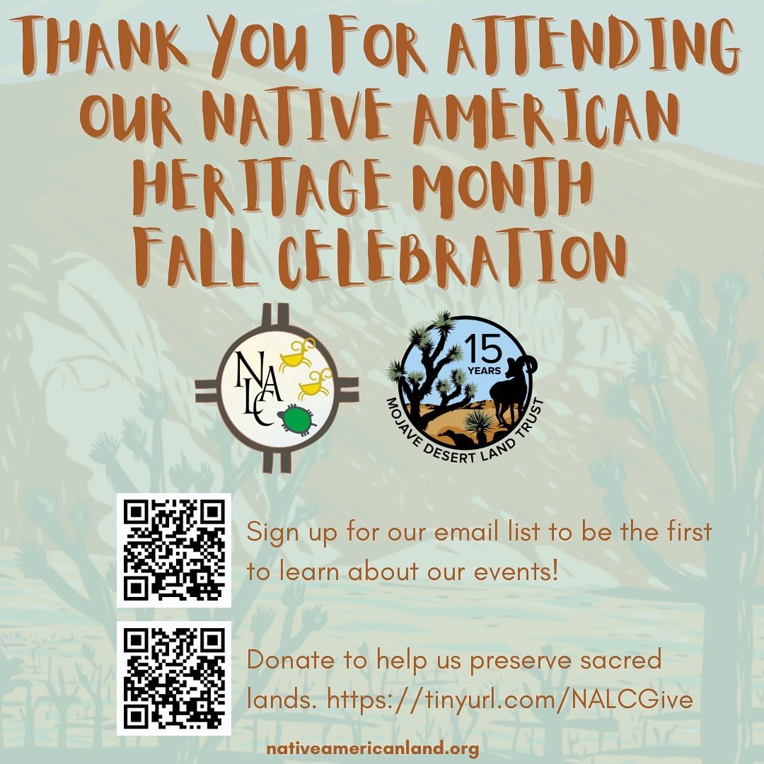 Thank you to everyone who joined us and our friends at the Mojave Desert Land for our Native American Heritage Month Celebration this past weekend. We are especially grateful to members of the Payniktum Singers who sang bird songs about the migration story of the Payniktum clan.