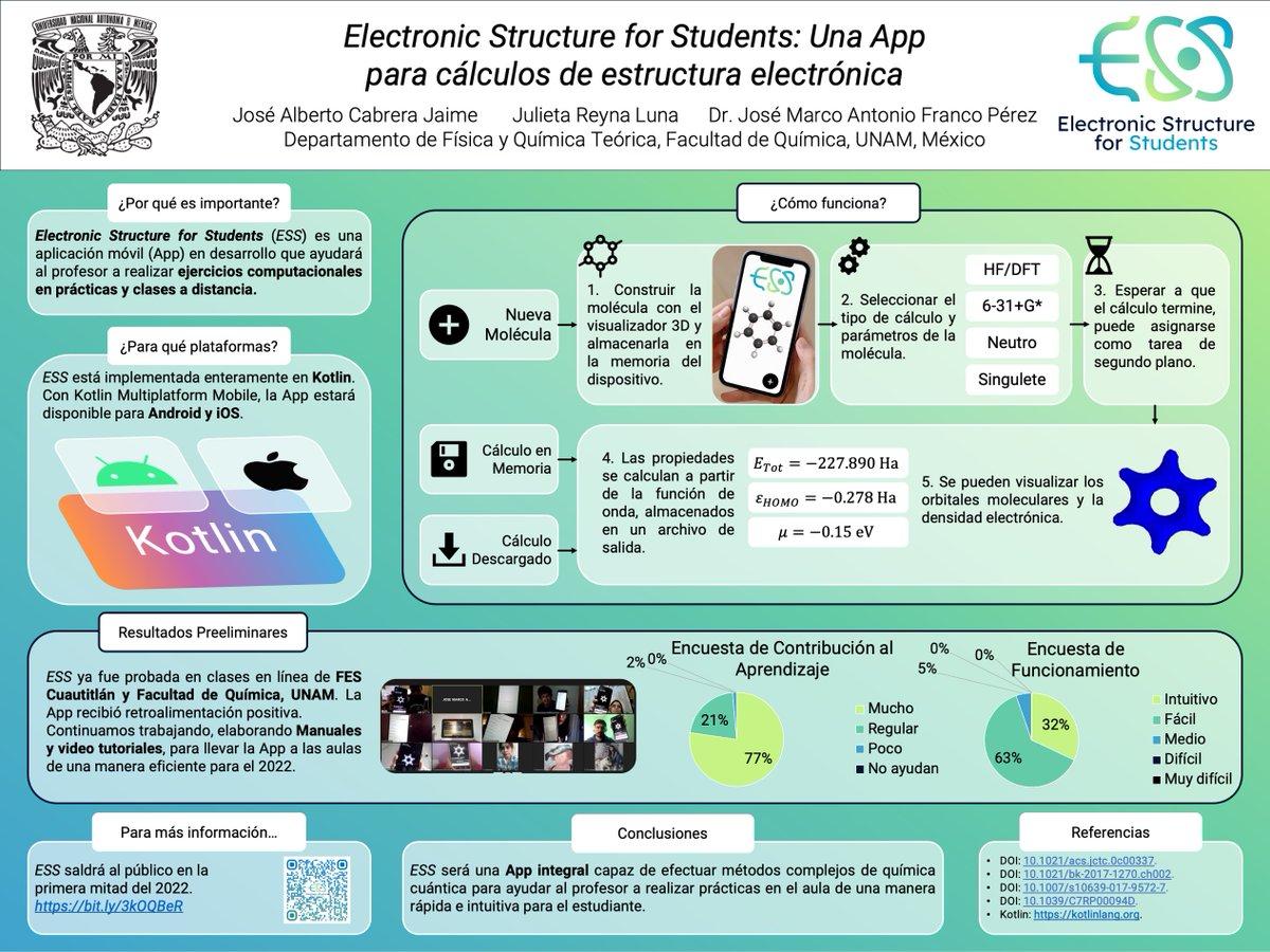 Alberto68785114's tweet photo. ¡Hola comunidad @rmfqt1! Les comparto el trabajo que estamos realizando en la Facultad de Química de la UNAM: La nueva App "Electronic Structure for Students".

#RMFQTXIX 
#RMFQT
#CompChem 
#CompChemMx

Con gusto responderé sus dudas o comentarios. Buen día https://t.co/pogozcn8j4