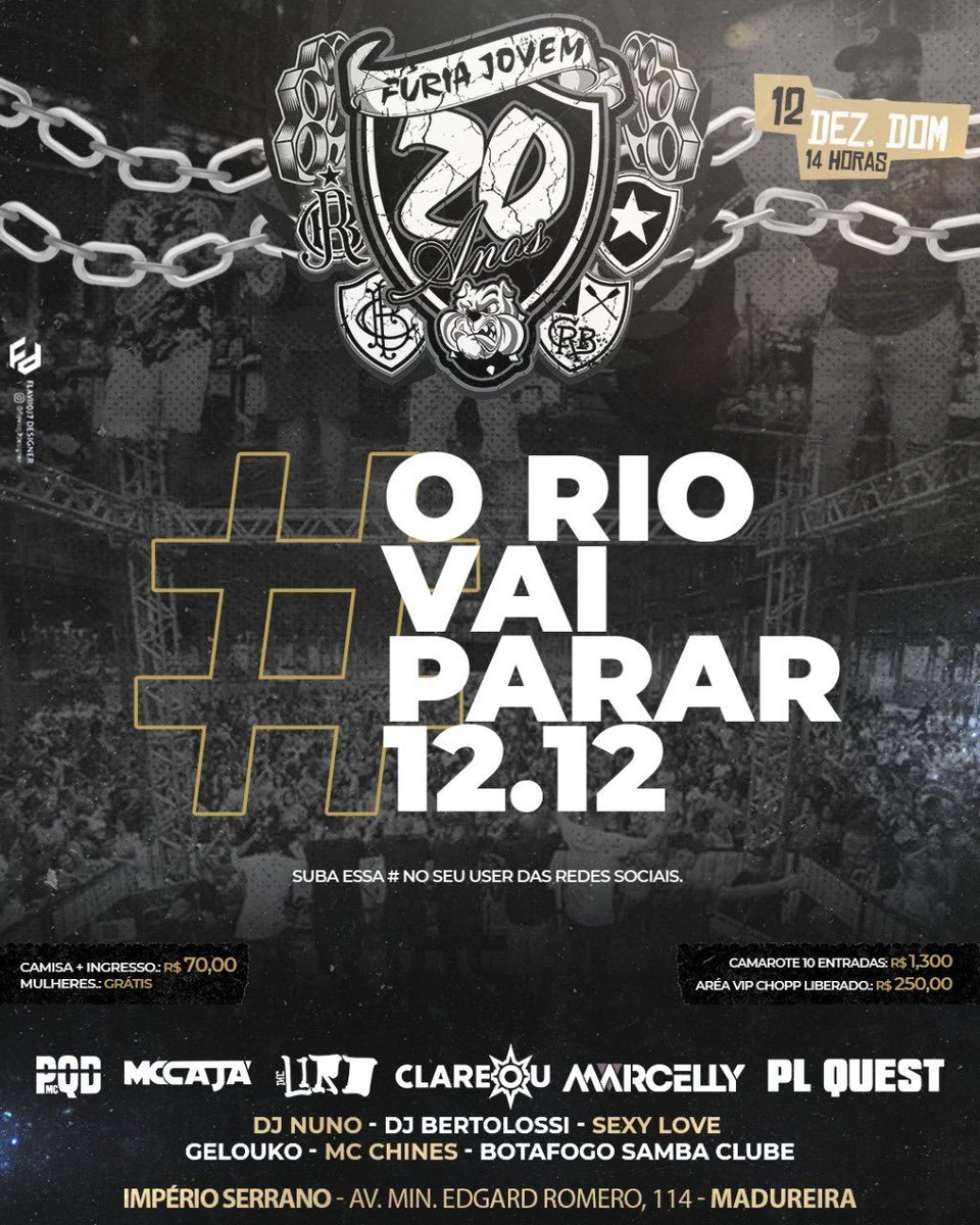 furia_27ocs's tweet photo. O RIO VAI PARAR 🚀🔥 

12 DE DEZEMBRO O RIO VAI PARAR COM A MAIOR E MELHOR FESTA DE TORCIDA ORGANIZADA DO BRASIL. 

O LOCAL  VOCÊ JÁ SABE NÉ? QUADRA DA IMPÉRIO SERRANO EM MADUREIRA, A PARTIR DAS 14:00 HORAS. 

VAI FICAR DE FORA DESSA? 

#ORioVaiParar12.12 https://t.co/IeY9MH96Ks