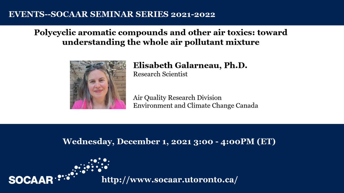 The next SOCAAR seminar is on December 1 w/ @ElisGalarneau "Polycyclic aromatic compounds and other air toxics: toward understanding the whole air pollutant mixture"

Join on MS Teams: rb.gy/cojkhj
+1 647-794-1609,,968388643#  

Abstract: rb.gy/pd5ced