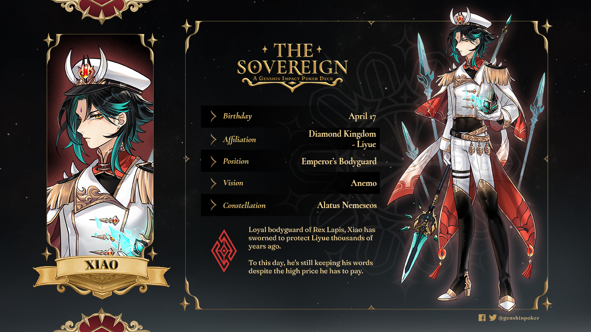 _SovereignTeam's tweet photo. ♦ ACE CARD: Xiao ♦

Loyal bodyguard of Rex Lapis, Xiao has sworn to protect Liyue thousands of years ago. 
To this day, he's still keeping his words despite the high price he has to pay. 
#XIAO  #GenshinImpact #原神 https://t.co/CnEFZ6XCOo