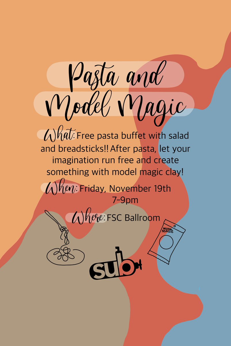 SUBatDrury's tweet photo. Join us tomorrow night, Friday, November 19th from 7-9pm in the FSC Ballroom for an Ott’s Pasta buffet! Breadsticks and salad will also be included along with model magic clay for you to create something once you have finished eating! 🍝 🥖 https://t.co/LQehVB6q95