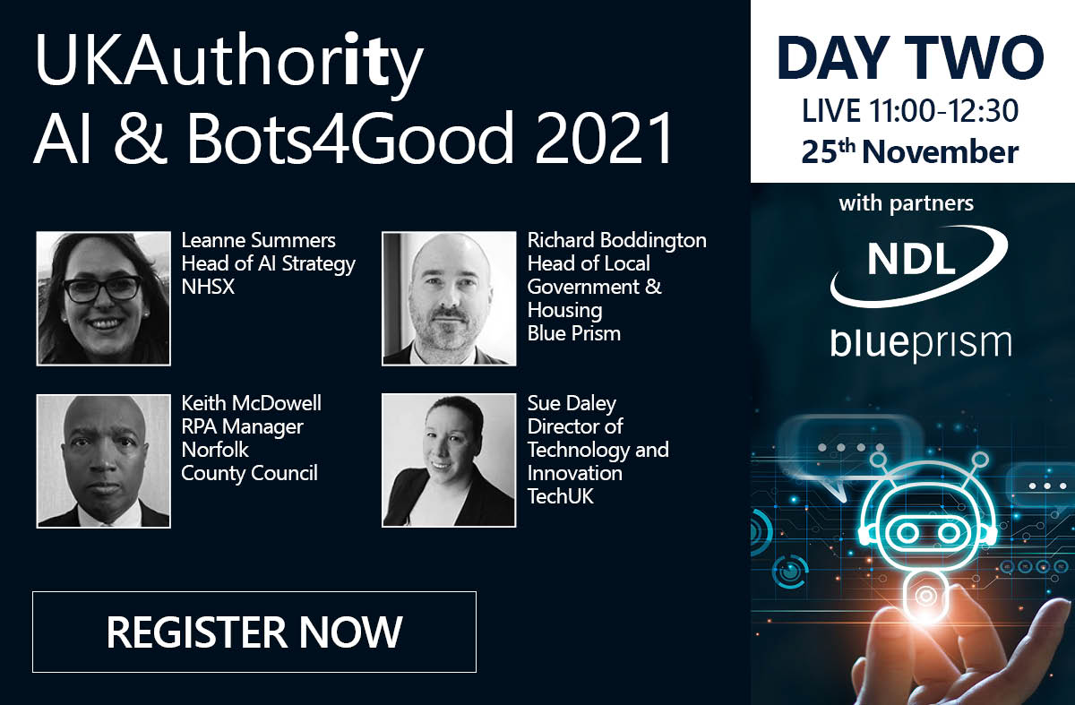 UKAuthority's tweet photo. Day two of #AI &amp; #Bots4Good has speakers from @NHSX , @blue_prism , @NorfolkCC and @techUK
We're super excited to be hosting. You can find more information at: https://t.co/KpGQ0qhjVc https://t.co/rFSFkmsAKV